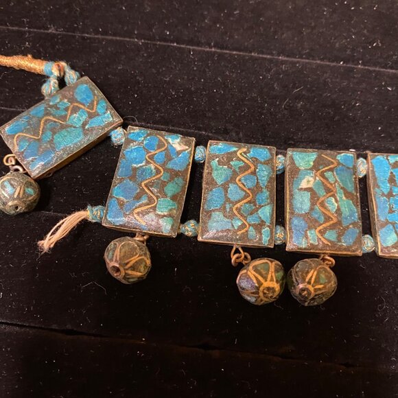 Vintage Bohemian Blue & Gold Gypsy Choker Necklace With Beaded Pendants - Picture 8 of 16